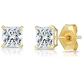 Solid 14k Yellow Gold Square Solitaire Cubic Zirconia Princess-cut CZ Real Gold Square Stud Earrings for Men and Women
