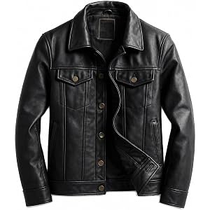 Men’s Black Full Grain Leather Trucker Jacket, Slim Fit Button Front Western Style Leather Coat with Chest Pockets