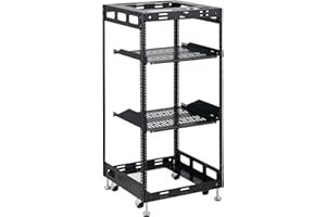 Tedgetal 20U Open Frame Rack for Servers & AV Gear - Wall Mountable Design Includes 2X Vented Shelves, 4X Leveling Feet, 4X Casters