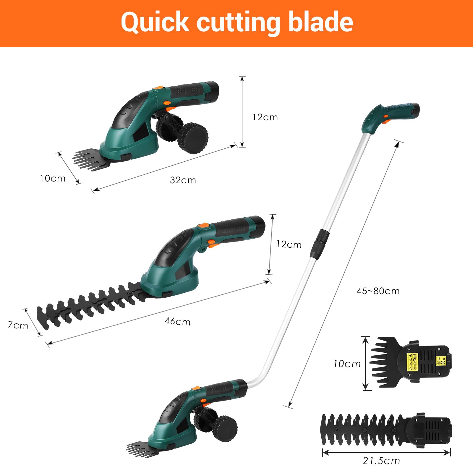 LIFERUN Grasschere mit Akku 7,2V 2000mAh, 2 in 1 Strauchschere akku, Rasenschere mit Teleskopstiel/stiel, elektrische Rasenschere, für Garten, Rasenkanten, Strauchschnitt, Gras mähen, Grün 2