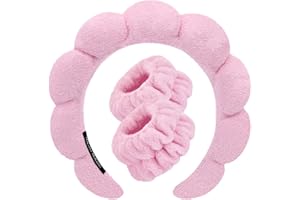 TETIZO Spa Headbands for Washing Face Wristband Set Sponge Makeup Skincare Headband Wrist Towels Bubble Soft Terry Towel Cloth Hairband for Women Puffy Headwear Non Slip Thick Hair Headwear (Pink)
