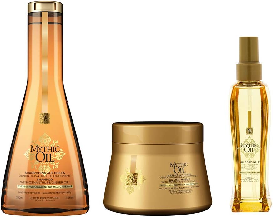 Mythic Oil Trio Shampoo 8.5 Fl oz, Light Masque 6.76 Fl oz and Huile Originale Nourishing Oil 3.4 Fl oz