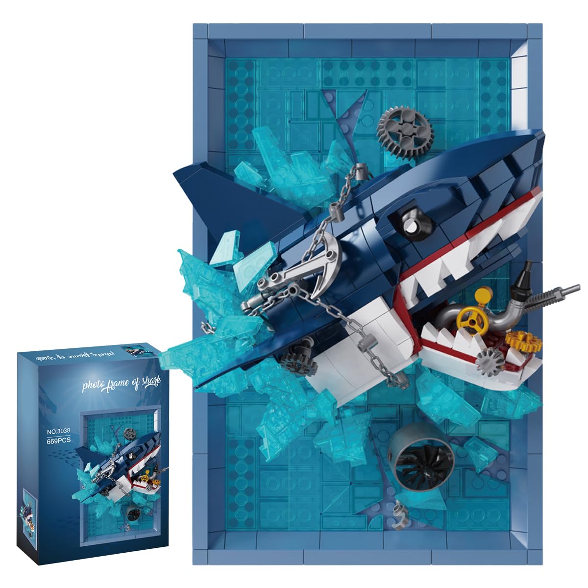 3D Shark Photo Frame Building Blocks Set, 669Pcs Mini Brick Cool Mechanical Shark Building Kit, Wall-Mounted Brick Art with Explosive Breakthrough Design (Shark)