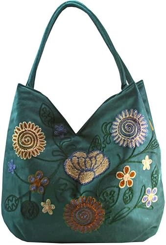 Amazon ノーブランド品 刺繍 トート バッグ 大判 花柄 ハンドメイド ベトナム製 フレンチナッツ エメラルドグリーン ノー ブランド品 トートバッグ