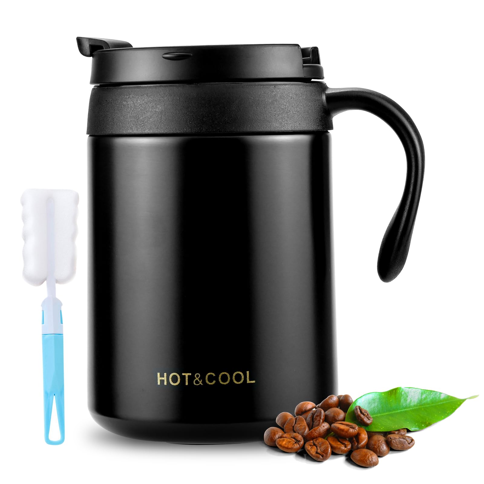 Insulated Coffee Mug with Handle and Lid, 500ML Double Wall Stainless Steel Thermal Mug for Cold & Hot Drinks with Cup Brush, Vacuum Insulated Coffee Mugs Cup for Home, Office, Camping (Black)