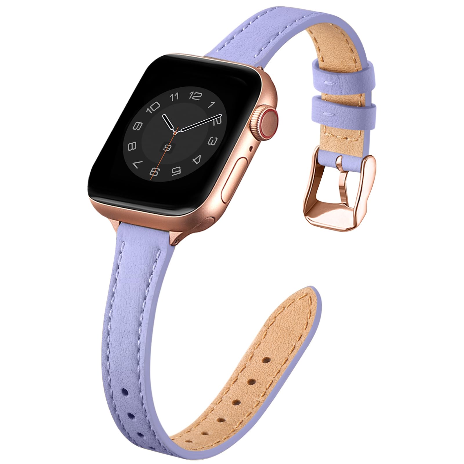 SUNFWR Compatible with Apple Watch Strap 38mm 40mm 41mm,Genuine Leather Strap Replacement,Slim&Thin Wristband for iwatch Series 7/6/5/4/3/2/1,SE(38mm 40mm 41mm,Purple&Rosegold)