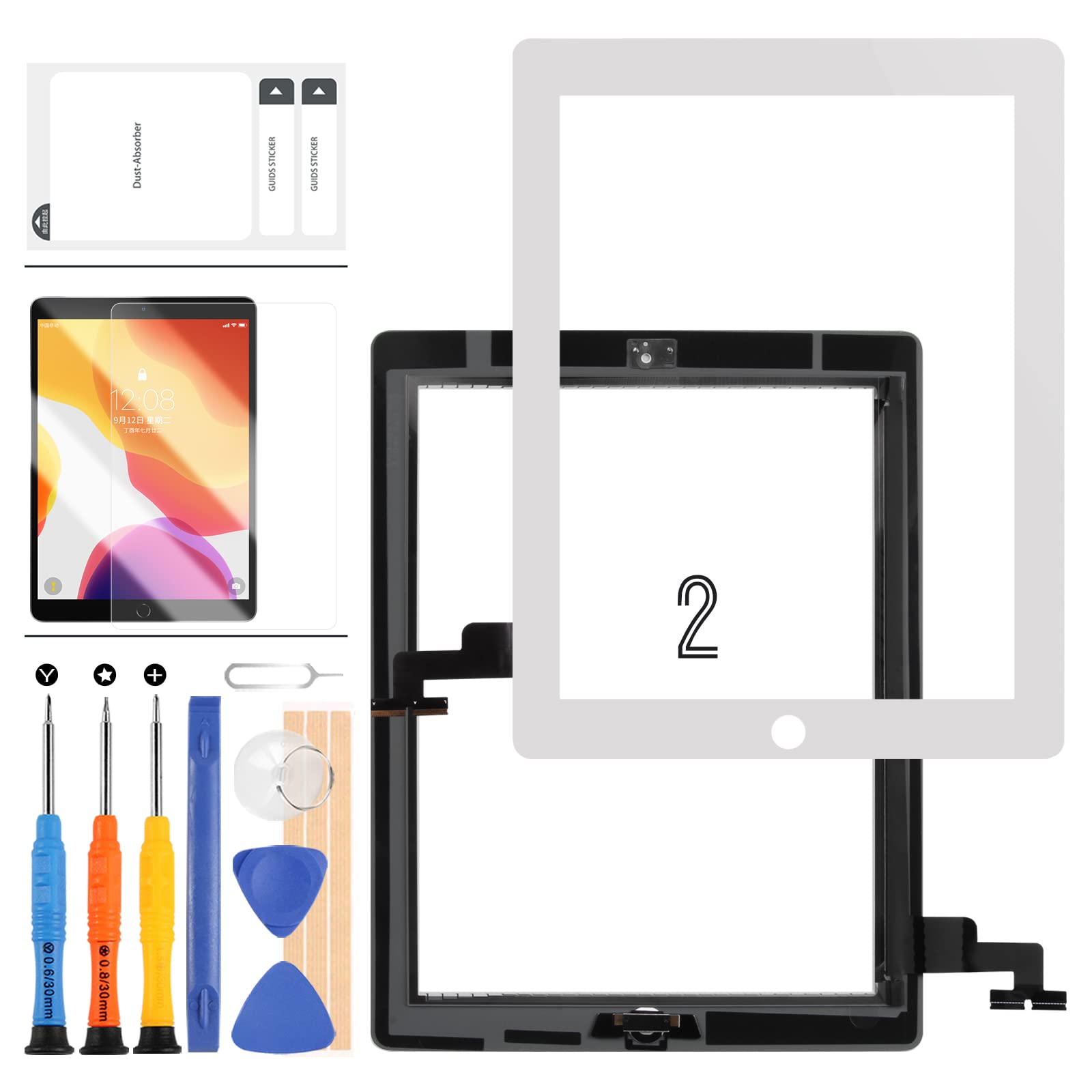 9.7 For iPAD 2 Screen Replacement for iPad2 Touch Screen 2nd Gen A1395 A1396 A1397 Digitizer Sensor Glass Panel Lens Kits With Bezel (White)