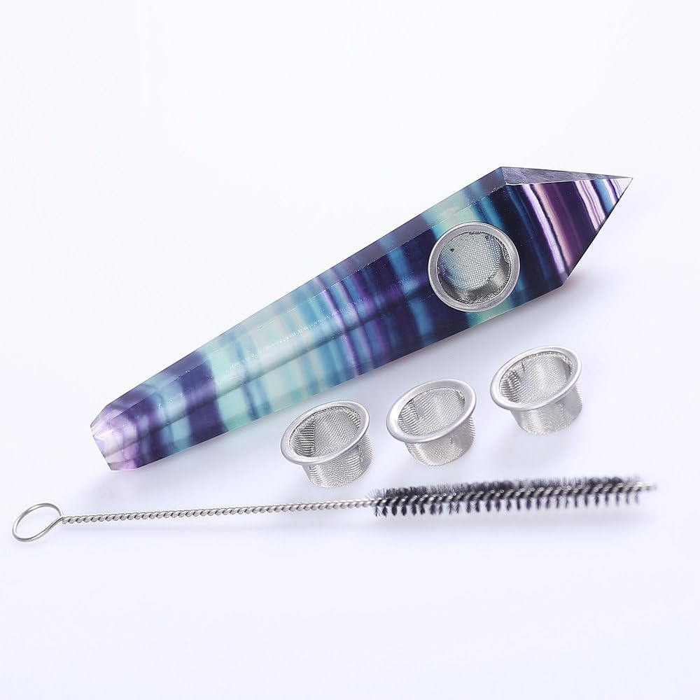 ruhong 3.5-4.5 Inches Natural Quartz Stone Healing Crystal Fluorite Point Wand Craft with 3 Metal Filters &1 Brush Wholesale (Fluorite)