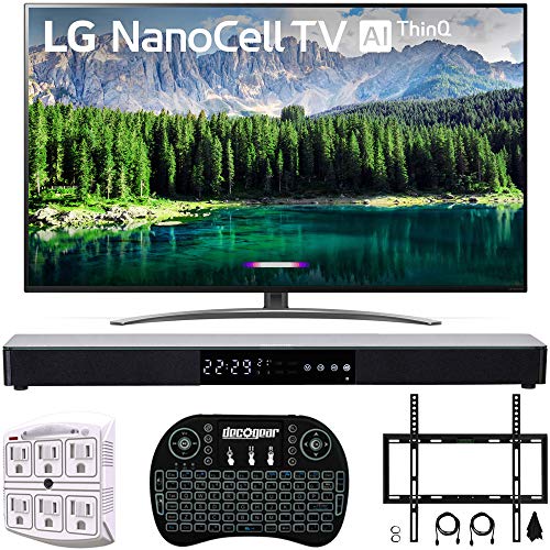LG 65″ 65SM8600 4K HDR Smart LED NanoCell TV w/AI ThinQ 2019 Model (LG65SM8600PUA 65SM8600PUA 65SM8600P) with Home Theater 31″ Soundbar, Wireless Backlit Keyboard, Flat Wall Mount Kit & SurgePro 6