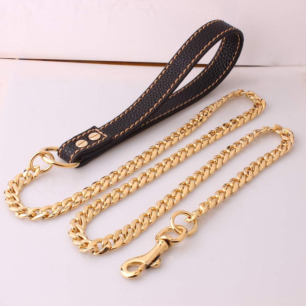 POPETPOP Dog Leash Golden Metal Long Gold Stainless Steel Chew Proof Indestructible Cool Leash Chain Link for Pet Durable with Leather Handle - Image 5