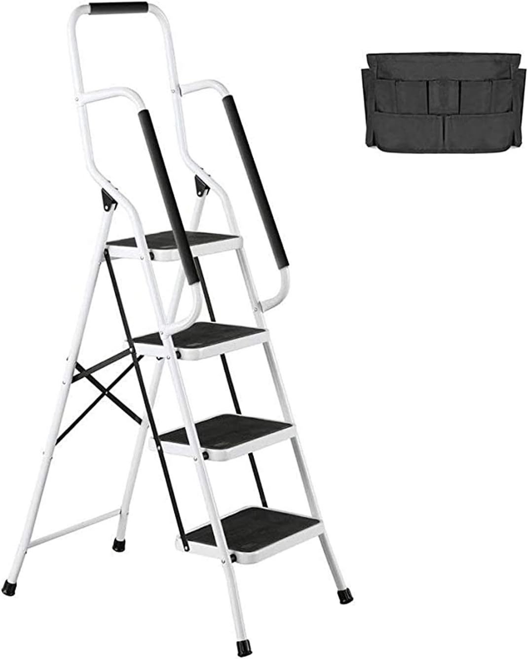4 Step Ladder Tool Ladder Folding Portable Steel Frame MAX 500 lbs Non-Slip Side armrests Large Area Pedals Detachable ToolBag Suitable for Home Office Engineering: Home & Kitchen