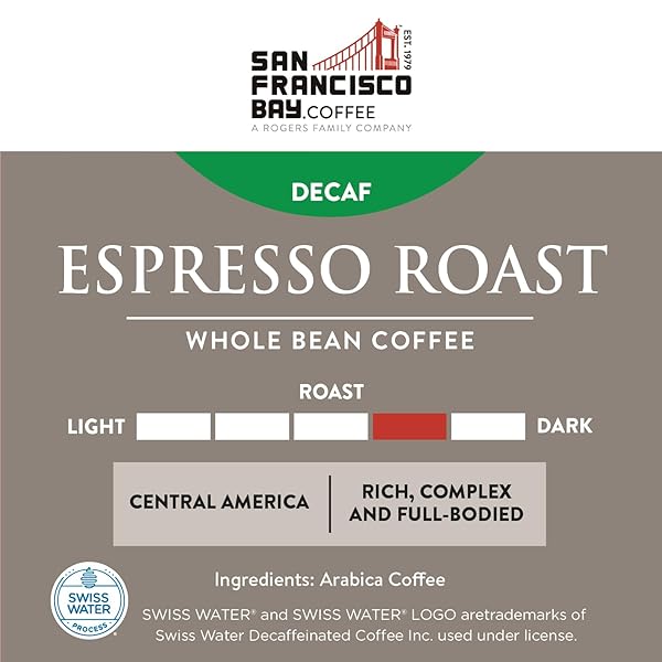 SAN FRANCISCO BAY COFFEE – DECAF MEDIUM-DARK ROAST WHOLE BEAN COFFEE – DECAF ESPRESSO ROAST (2 LB BAG) – SWISS WATER PROCESSED