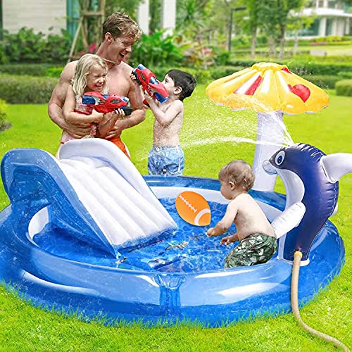 Kids Pool with Slide,Inflatable Play Center for Garden,Dolphin Fountain