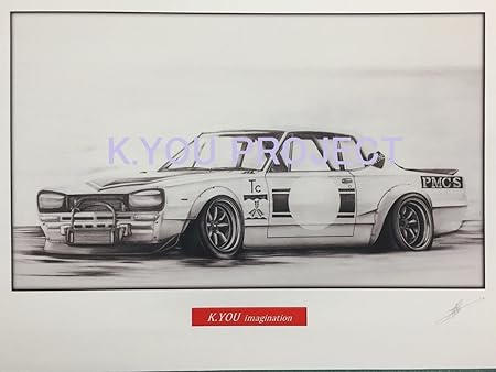 Amazon 名車 旧車 イラスト 日産 ハコスカ レーシング 額縁 作者直筆サイン入り ノスタルジックカー 鉛筆画 原画コピー ギフト 車 バイク