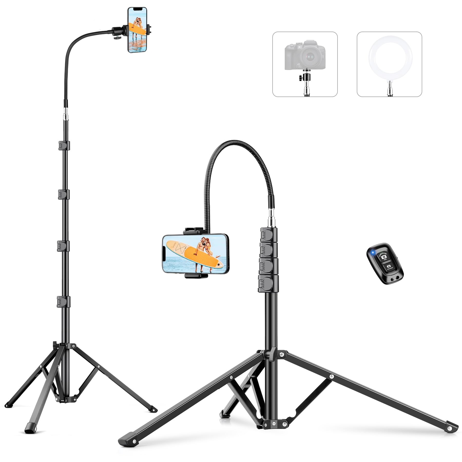 Victiv 88" Tall Tripod for iPhone, Phone Tripods with Gooseneck & Remote and Mobile Phone Stand, Flexible Overhead Tripod iPhone Stand for Filming, Aluminum Tripods for Smartphone/Camera/Ring Light