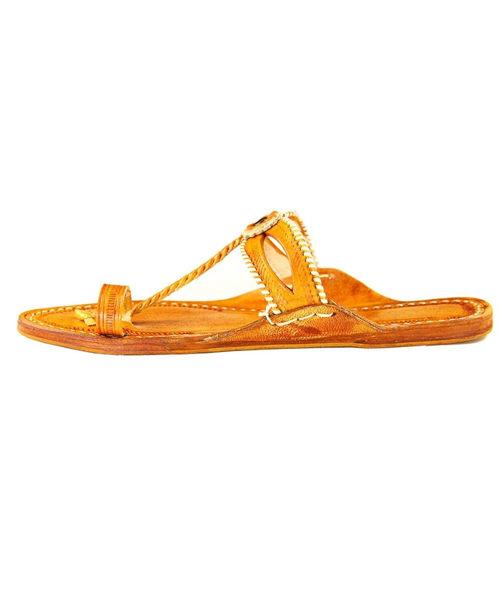 ekolhapuri double eye, dark yellow handmade leather sandal for women