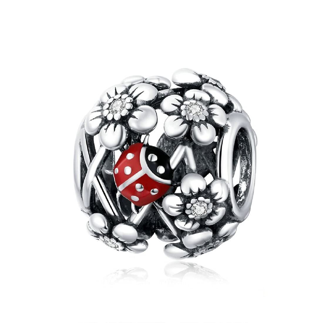FeatherWish 925 Sterling Silver Charm Daisy Flower Ladybird Bug Insect Bead Fits And Compatible With Pandora Bracelets Gift Birthday Friend Wife Daughter Sister Mum
