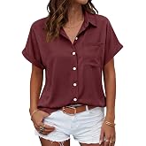 Beautife Button Down Shirts for Womens Short Sleeve Blouses Summer Tops | V Neck Collared Shirt,Casual Loose Tops With Pockets,Polka Dot,Leopard Printed,Striped,Work,Office,Vacation,Travel,Beach