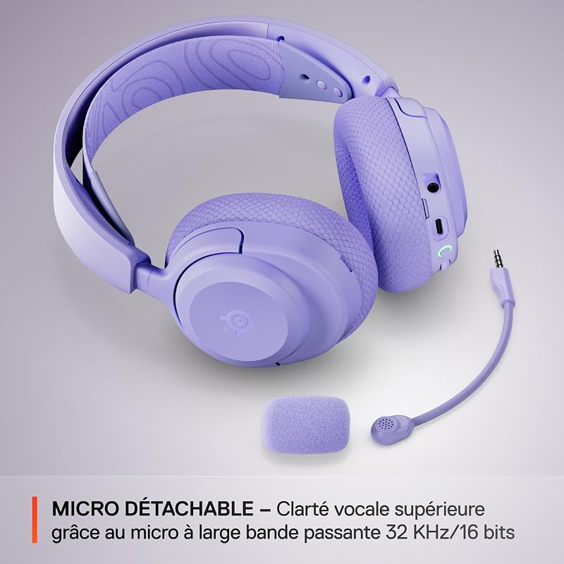 Casque Arctis Nova 3P Wireless - Appli Mobile Companion - Batterie 40h - Haut-parleurs magnétiques en néodyme - 2,4 GHz/Bluetooth - Micro détachable - PS5, PS4, PC, Switch, Mobile -Lavande