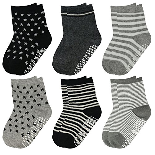 6 Pairs Anti Slip Soft Cotton Ankle Toddler Socks Non Skid Grip Walkers Crew Socks for Baby Boys Girls 12-36 Month