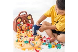 OFIGAS Magic Montessori Play Toolbox, Magic Montessori Play Toolbox Bear, 204 PCS Creative Mosaic Puzzle Toy with Electric Drill Screw Tool Set, Creative Puzzle Toy Montessori Play Toolbox with Drill