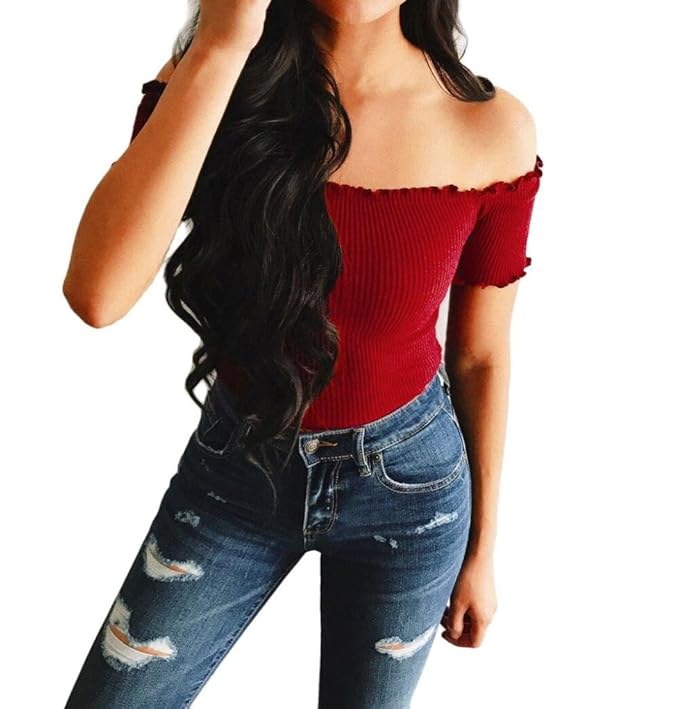 Damen Shirt, GJKK Damen Reizvolle Feste Trägerlose Schulterfrei Kurzen Oberseiten Bluse Kurzarm Bodycon Schlank Hemd Tops Trä