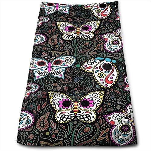 AZOULA Tiny Butterfly Sugar Skulls Face Hand Towels Microfiber Sport Towels for Sports, Hair Care, Cosmetology, Cleaning, Furniture Makeup Removing Cloths Fast Drying 27.5 X 12 Inch.