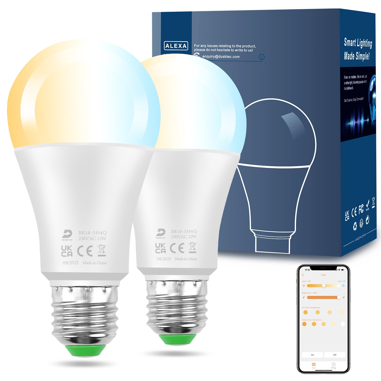 DUSKTEC Alexa Light Bulbs 130W Equivalent, 12W E27 Bluetooth Smart Bulb Warm White to Daylight Dimmable, Light Bulb Screw with Timer & APP Control for Bedroom Living Room, A60 Led Bulb (2 Pack)