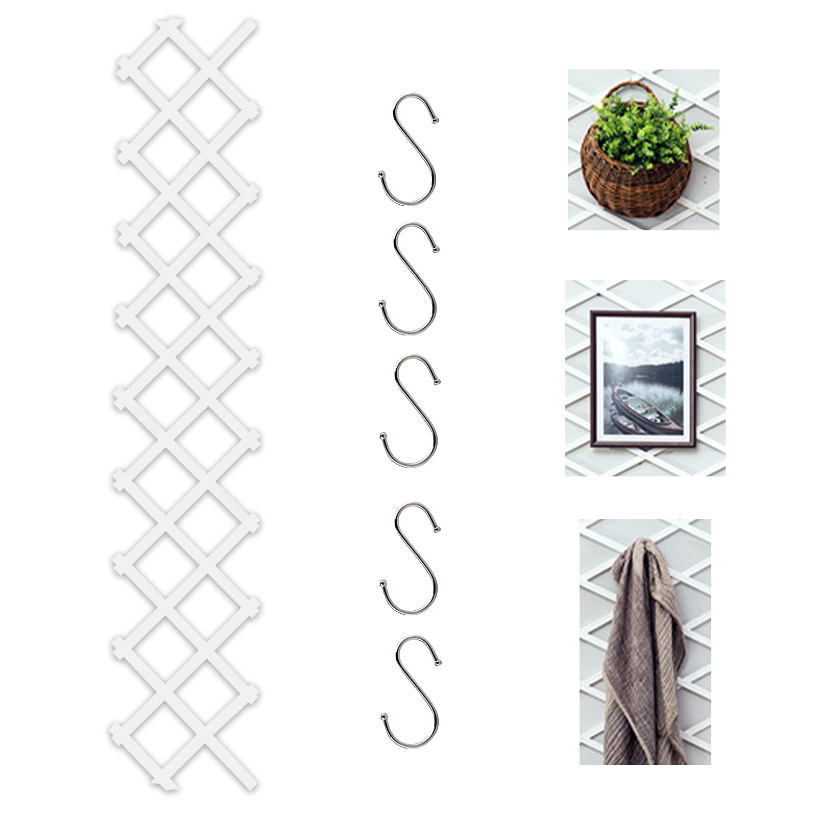 Garden Trellis Wooden Lattices Expanding Climbing Plant Supports White, Expandable Vertical Rack with 5 S Hooks for Hanging Flowerpot, Foldable Fence for Vines Patio Indoor Wall Decor(180x30cm)