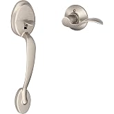 SCHLAGE Plymouth Entry Handleset, Left Hand Accent Lever, Satin Nickel | Exterior front door handleset grip with handed interior lever, No deadbolt, Pairs with smart locks, Certified durability
