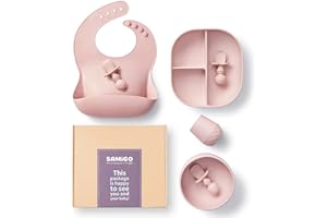 SAMiGO Silicone Baby Feeding Set, Suction Plate Bowl Set, Self Feeding Spoons, Bib, Cup, Baby Led Weaning Supplies, First Stage Feeding Essentials, Food Eating Utensils, 6+ Months