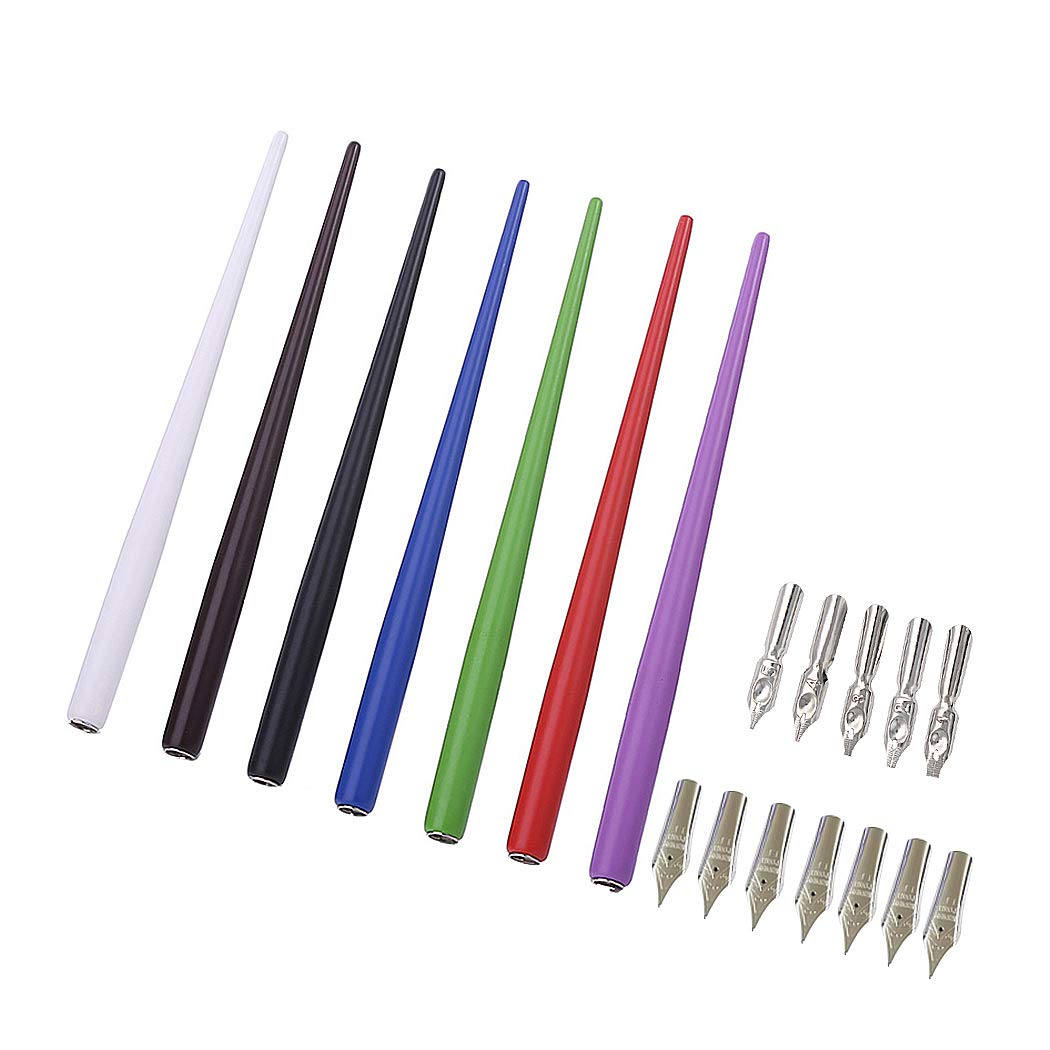 SIPLIV Professional Manga Gothic Pen Dip Pen Calligraphy Drawing Pen Kit, 7 Pen Holders Handles, 12 Nibs (7 Fountain Pen Nib, 5 Flat Nib) - 7 Pcs A