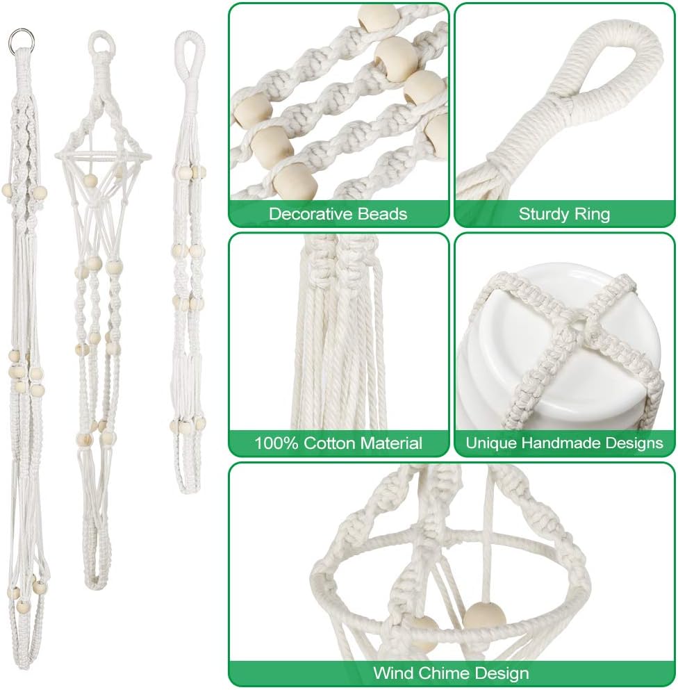 Virgooer 3 Pack Macrame Plant Hangers Indoor Hanging Planters with 6 Hooks, Handmade Cotton Rope Hanging Plant Holder with Beads for Boho Home Décor (3 Sizes, 4 Legs): Kitchen & Dining