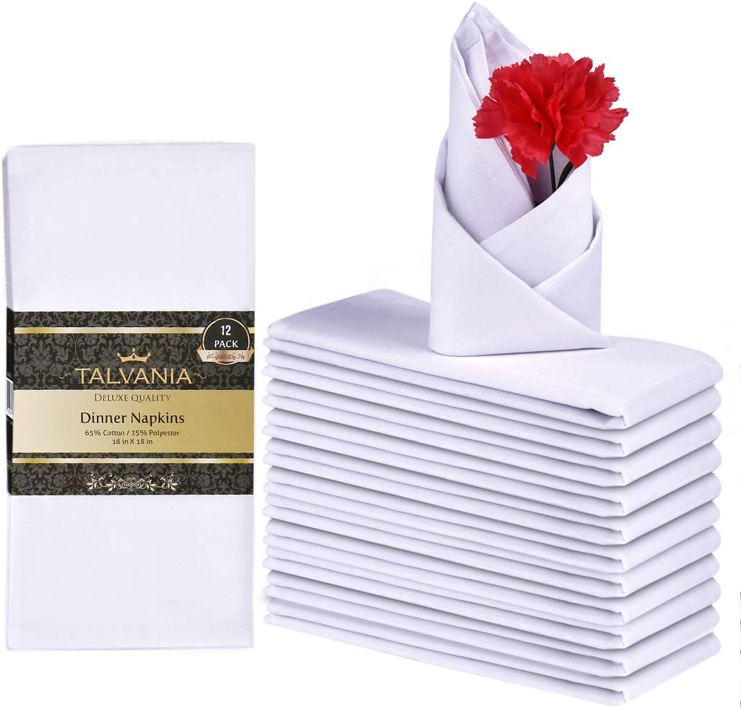 Talvania Cloth Dinner Napkins - 12 Pack Luxuriously Soft & Hotel Quality Cotton Napkins, Brilliant Fabric Napkins (18” X 18”) Perfect for Events, Hotel & Home Use (White): Home & Kitchen