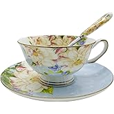 Krysclove Vintage Ceramic Teacup, Elegant Coffee Cup with Spoon and Saucer Set, Fine Royal Bone China Tea Cups (Blue)