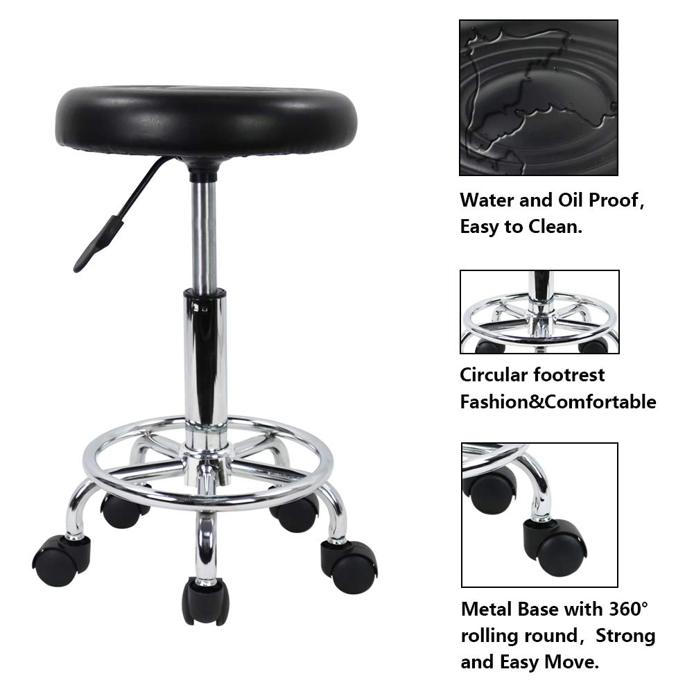 KKTONER PU Leather Modern Round Rolling Stool with Footrest Height Adjustable Spa Drafting Salon Tattoo Work Massage Stools Task Chair Small (Black): Furniture & Decor