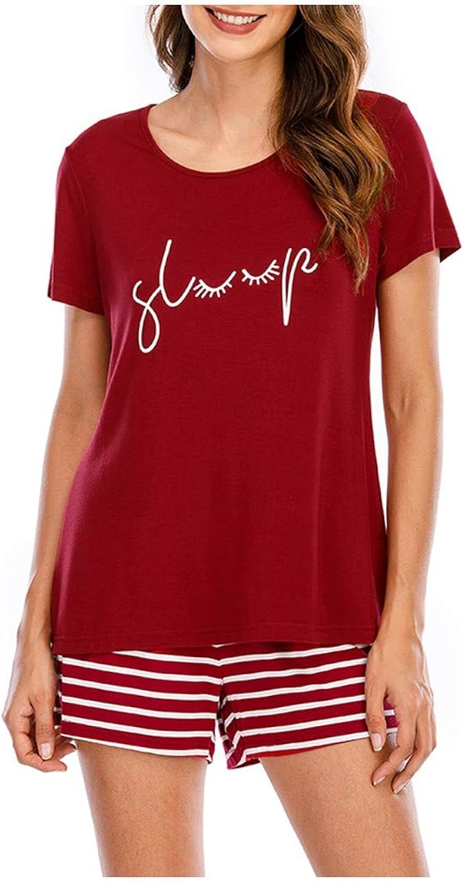 HOSOME Womens Summer Pajama Set Casual ONeck Short Sleeve Tops