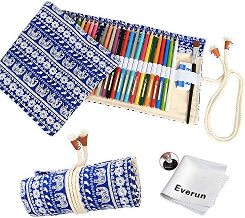 Everun Large Capacity Canvas 72 Slot-Adult Pencil Wrap Roll Case Holder, Portable Coloring Pencil Holder Organizer Roll Storage for 72 Colored Pencils (No Pencils Included)