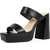 Modatope Platform Heels for Women Square Open Toe Chunky Heel Platform Sandals Two Strap Slip On Heels Wedding Party Dress Shoes