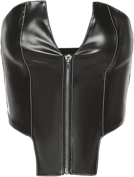 TTAO Damen Bustier PU-Leder Trägerloses Oberteil Schwarz V-Ausschnitt