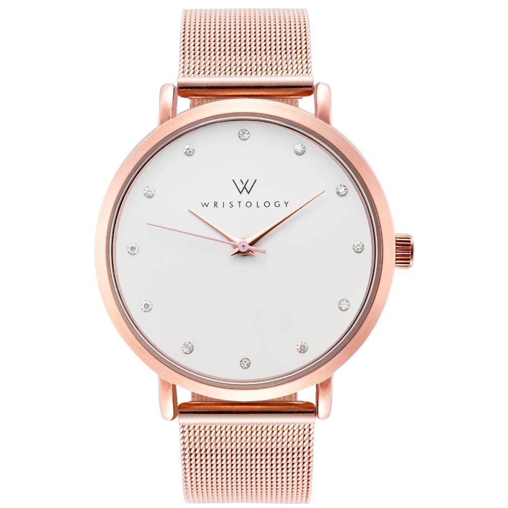 WRISTOGY Maxi Crystal Rose Gold Reloj para mujer - Banda de malla de metal de oro rosa intercambiable - Reloj grande fácil de leer con segundero para mujeres, enfermeras, maestras mamás OC026