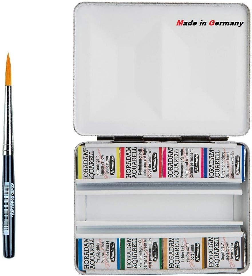 SCHMINCKE Half Pan Watercolor Pocket Set" A Compact Metal Travel Box containing 8 Half-Cups (Metal Boxes and Enamelled) + Da Vinci XS Synthetic Brush Travel