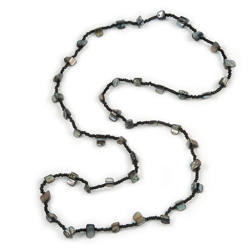 Avalaya Long Black Glass Bead, Sea Shell Nugget Necklace/100cm Long