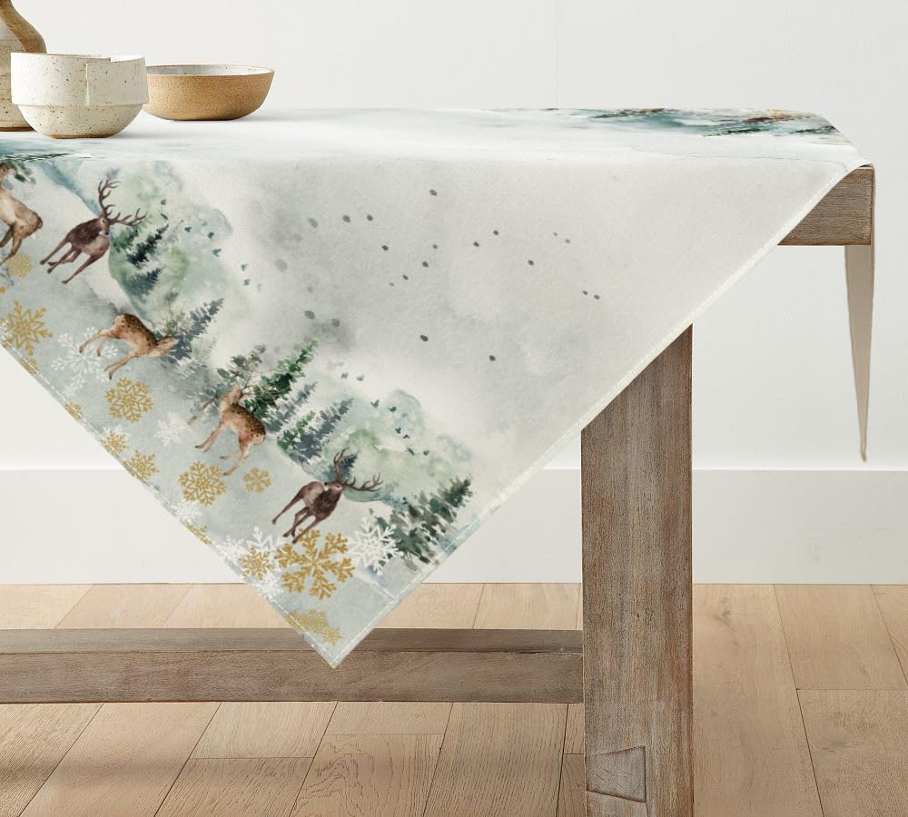 Artoid Mode Watercolor Deer Trees Snowflakes Christmas Table Cloth, 100x100 cm Seasonal Xmas Decorative Table Cover For Party Home Table Decorations