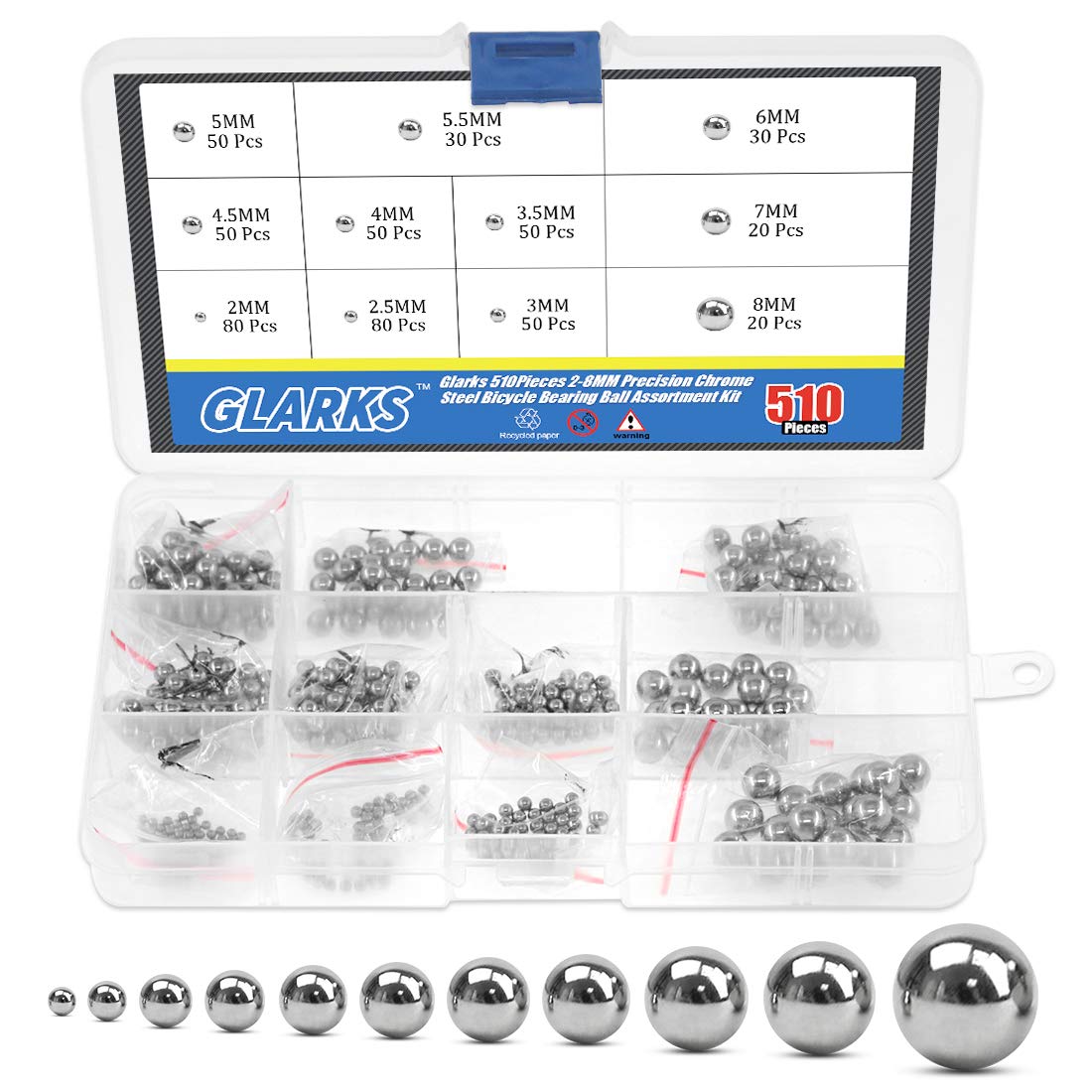 Glarks 510Pieces 11 Size 2-8MM Metric Precision Chrome Steel Assorted Loose Bicycle Bearing Ball Assortment Kit