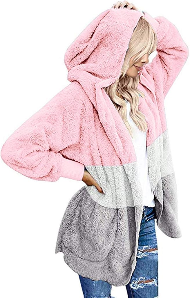 GREFER-Women Warm Winter Fleece Fuzzy Faux Shaggy Overcoat Lightweight Open Front Hooded Cardigans