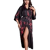 Flwydran Women's Silky Satin Kimono Robe,Long Floral Print Bathrobe, Bridesmaid Wedding Sleepwear