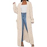 LIVECLOTH Womens Stylish Cable Knit Dual Chunky Cardigan with Pockets