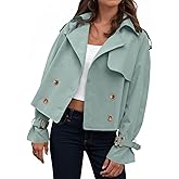 Tankaneo Womens Cropped Trench Coat Oversized Double Breasted Lapel Long Sleeve Short Jacket Fashion Outerwear