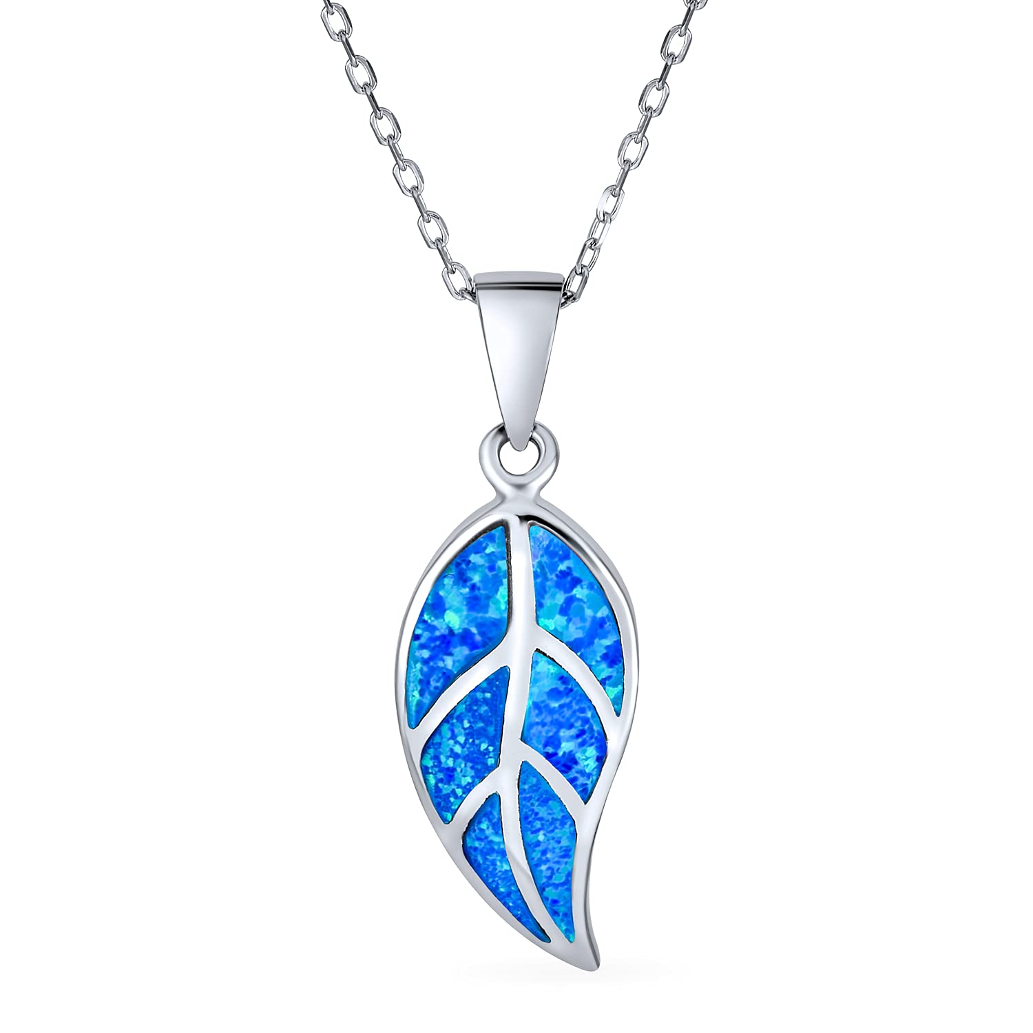 Gemstone Created Blue Opal Inlay Nature Leaf Pendant Necklace Western Jewelry For Women Teen .925 Sterling Silver October Birthstone